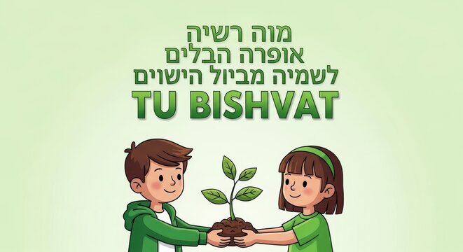 Happy children planting a tree for tu bishvat holiday celebration