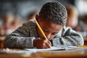 Child writing in notebook with pencil at classroom desk