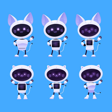 A set of cute cartoon robot cats. Futuristic robot mascots in various welcoming poses. Vector illustration.