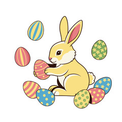 Cartoon bunny playing with colorful decorated Easter eggs  