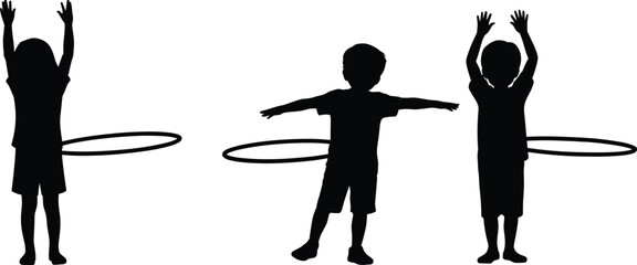 Children playing hula hoop silhouettes, kids exercise activity fun poses, playful childhood recreation, healthy lifestyle vector illustration set © Tanjimul
