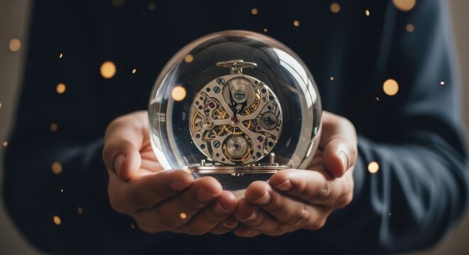 Hands holding crystal ball with clock mechanism predicting future