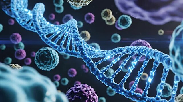 Glowing DNA Double Helix - A detailed 3D video video shows a glowing blue double helix DNA strand, surrounded by abstract cells of various colors and shapes, against a dark background.