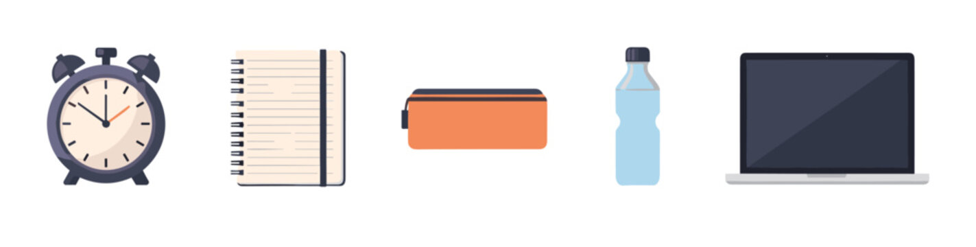 Essential daily objects for work, study, and personal organization are neatly arranged in a clean, modern flat vector illustration style.