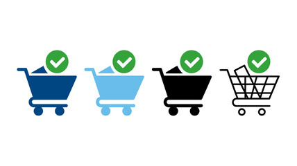 Four shopping carts are depicted in varying colors blue light blue black and dark grey each displaying a green checkmark symbol high quality professional detailed modern © Raian