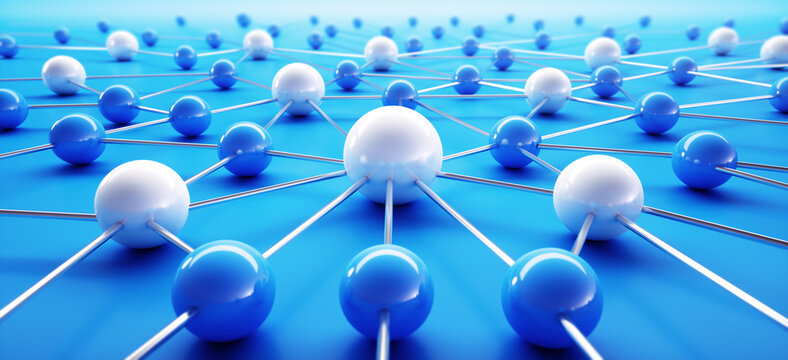 Blue and white sphere network structure on blue background - abstract design connection design - 3D illustration