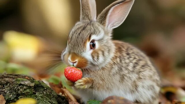 Rabbit Eating Red Berry in Forest.