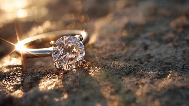 Flawless solitaire diamond engagement ring gently rests upon a textured raw sandstone surface while catching a brilliant beam of golden sun.