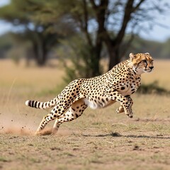 Fototapeta premium Cheetah Running in Savanna Landscape.