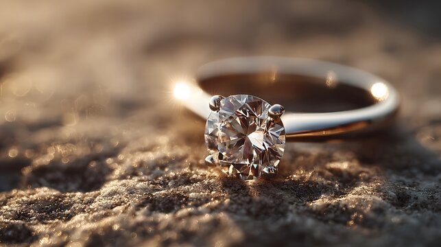 Flawless solitaire diamond engagement ring gently rests upon a textured raw sandstone surface while catching a brilliant beam of golden sun.