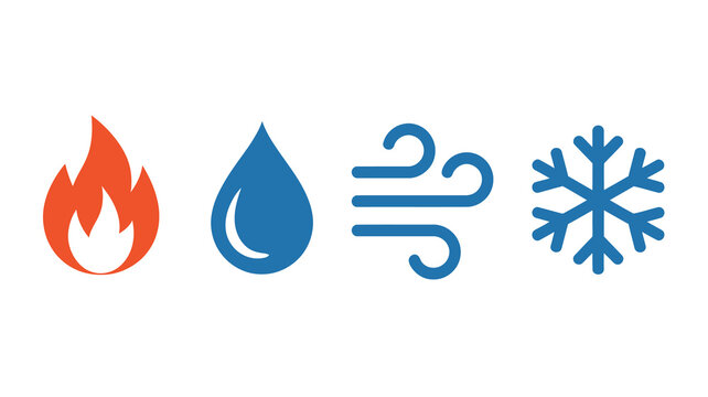 A simple graphic displays four elemental icons fire water air and ice represented by distinct colorful symbols in a row high quality professional detailed modern elegant