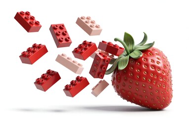 Fototapeta premium Red strawberry surrounded by flying Lego blocks against a white