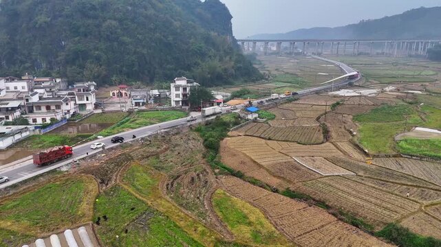 Rural Misty Road with Wind Blade Transport, China Dawn 