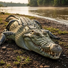 Obraz premium Crocodile resting on riverbank with open mouth.