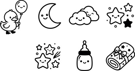 Fototapeta premium Cute smiling baby duck holding balloon with happy moon clouds and star shapes alongside feeding bottle and wrapped blanket vector line art design