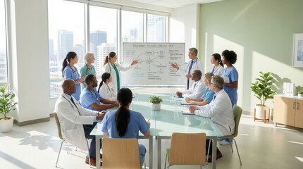 Fototapeta premium Medical Professionals Collaborating in a Bright Meeting Room to Analyze Patient Treatment Plans