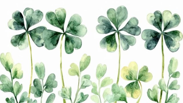 Watercolor four-leaf clovers and leaves in various shades of green. Saint Patrick's Day, St Paddy's Day, St Patty's Day - Irish National Holiday and Cultural Celebration
