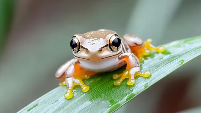 Small Frog Sitting on Green Leaf.