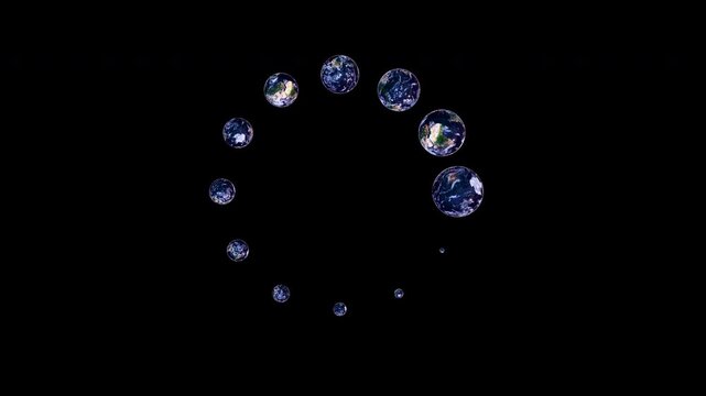 Global network loading icon: Multiple realistic Earth globes spinning and shrinking in circular UI spinner - ProRes 4444 Alpha loop.