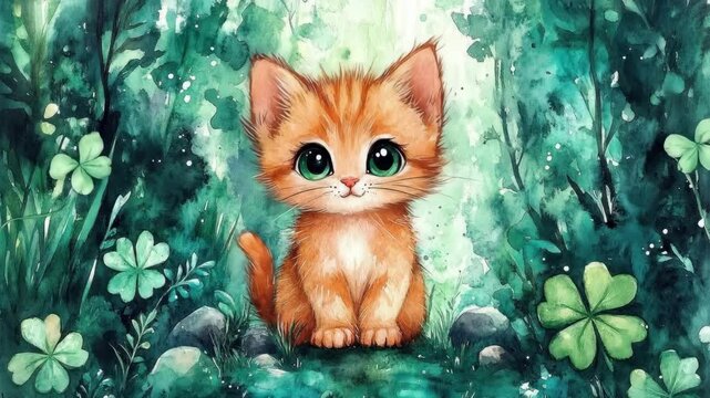 Adorable orange kitten with big green eyes in lush forest setting. Saint Patrick's Day, St Paddy's Day, St Patty's Day - Irish National Holiday and Cultural Celebration