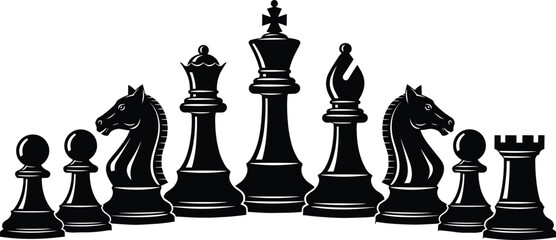 Set of Chess Piece Silhouettes Featuring Pawn, Knight, Bishop, Queen, King, and Rook in Black-and-White Strategic Artwork © Asik