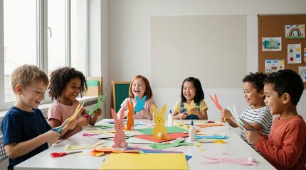 Diverse group of children making Easter bunny crafts in classroom. Kids cutting paper and gluing cotton tails for holiday project. Creative education and childhood development concept