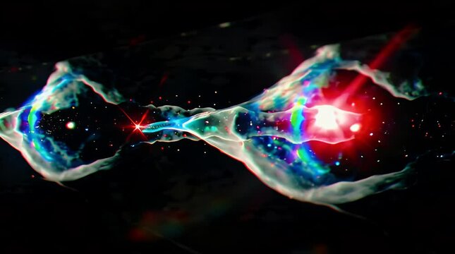 Abstract cosmic energy wave illustration with vibrant blue and red hues swirling nebula patterns and sparkling stardust against a dark black background ideal for sci-fi themes