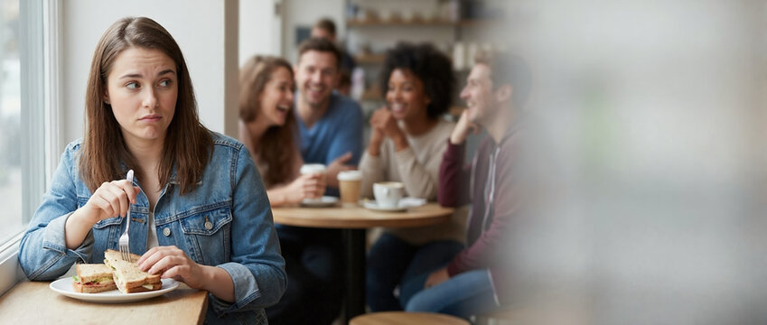 Annoyed young woman eating alone in cafe. Skeptical female looking at group of laughing friends. Social exclusion and loneliness concept