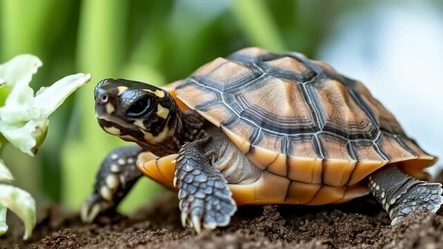 Tortoise Walking on Soil with Green Background.