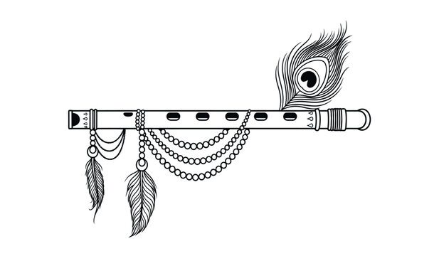 Decorative bansuri flute with peacock feather and beads