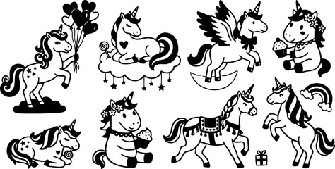 Obraz premium Black and white cartoon style cute unicorns with balloons clouds cupcakes stars and rainbow vector art set