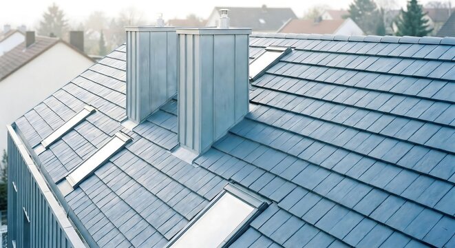Modern dark grey tiled roof of a contemporary house with two chimneys, skylights, and lightning protection system during a bright day outdoors.
