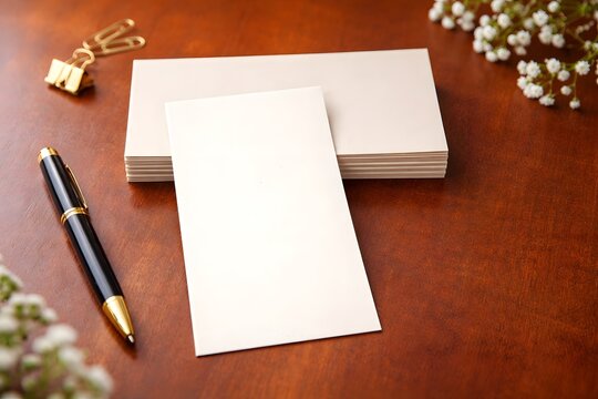 Blank greeting card or invitation mockup on wooden table with elegant office accessories and gypsophila.
