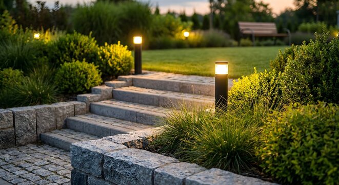Beautifully Landscaped Backyard Garden at Night Featuring Stone Stairs, Modern Black Bollard Pathway Lighting, Green Manicured Lawn, and a Wooden Bench in a Peaceful Outdoor Residential Setting