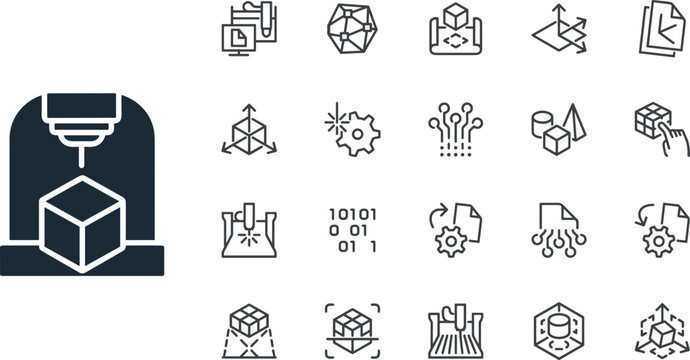3D Modeling, 3D Scanning. Vector Icons Set for Web and App in Outline Editable Stroke. Premium Icons Pack on Engineering, Product Development and Creation. Such Line Signs as Prototyping,.eps