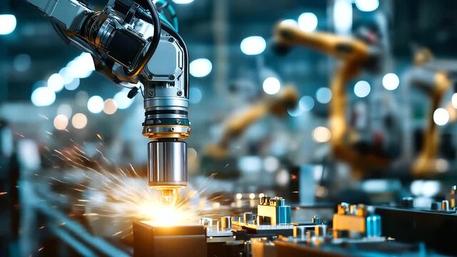 Macro shot of advanced sensor being positioned by robotic arm, soft depth of field reveals worker supervision in blurred background, automated precision work, faceless worker