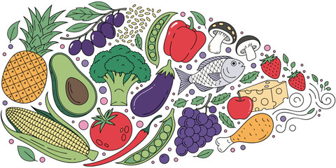 Seamless vector pattern with colorful Easter eggs decorated with fruits leaves and fresh food elements in a bright healthy illustration design. © Shofikul islam