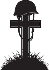 Vector silhouette of military helmet on cross grave marker