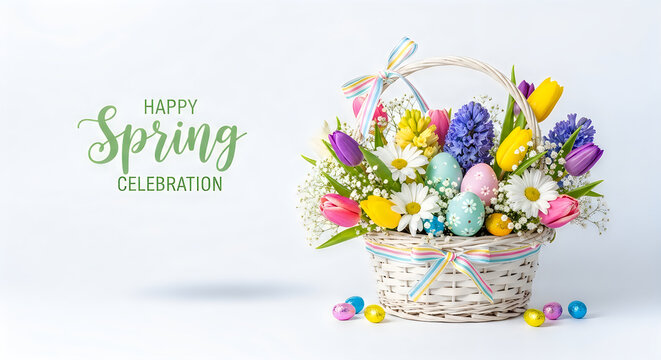 A vibrant Easter basket overflows with colorful flowers and eggs outdoors