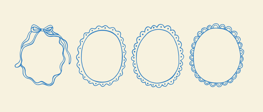 Whimsical blue cottagecore and ribbon frames with bows. Hand Drawn borders for Easter, spring invitation, holiday greetings and birthday card