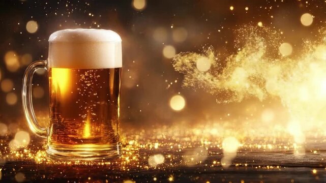 Golden beer mug with foamy head amidst sparkling bokeh lights on wooden surface. Saint Patrick's Day, St Paddy's Day, St Patty's Day - Irish National Holiday and Cultural Celebration