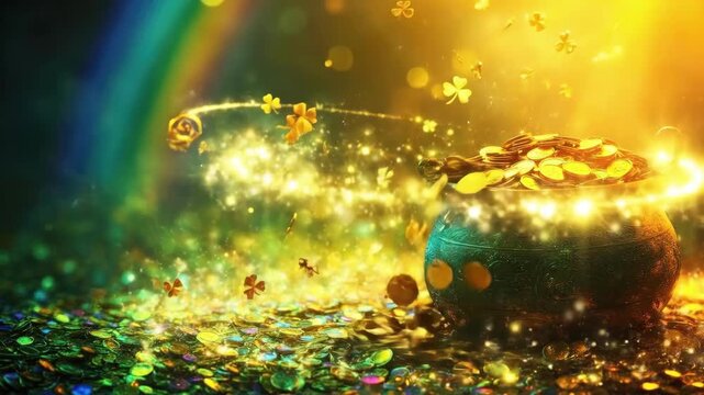 Overfilled pot of gold coins under rainbow and sparkling light. Saint Patrick's Day, St Paddy's Day, St Patty's Day - Irish National Holiday and Cultural Celebration