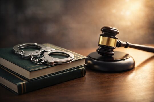 Gavel and handcuffs on law book in courtroom, justice system and legal concept