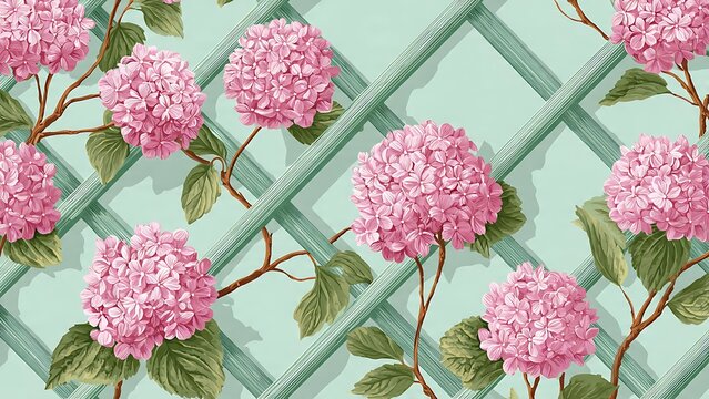 Beautiful floral pattern with pink hydrangeas and green trellis design background