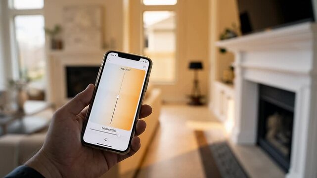 A person holds a smartphone showing a home automation interface in a bright living room. The space features modern furniture and large windows allowing natural light