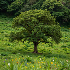 Fantasy Art Landscape Cartoon. Enchanting, Lone Tree In A Verdant Landscape