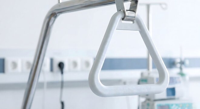 Hospital bed trapeze handle for patient mobility in a bright medical room, healthcare concept for rehabilitation and recovery in a clinical indoor setting during the day.