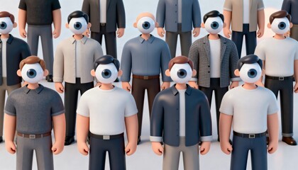 Group of men with eyeballs instead of heads. Surreal crowd of business people. Vision, surveillance, conformity and observation concept. Creative 3D illustration of social monitoring.