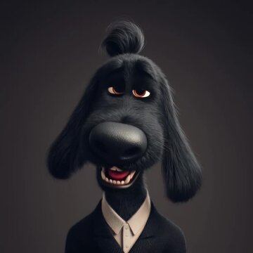 Un perro poodle antropom&oacute;rfico con traje y una sonrisa desmesurada.