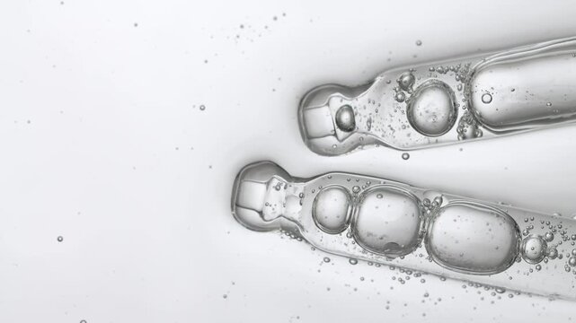 Two pipettes with clear serum, top view. A sample of the cosmetic product.